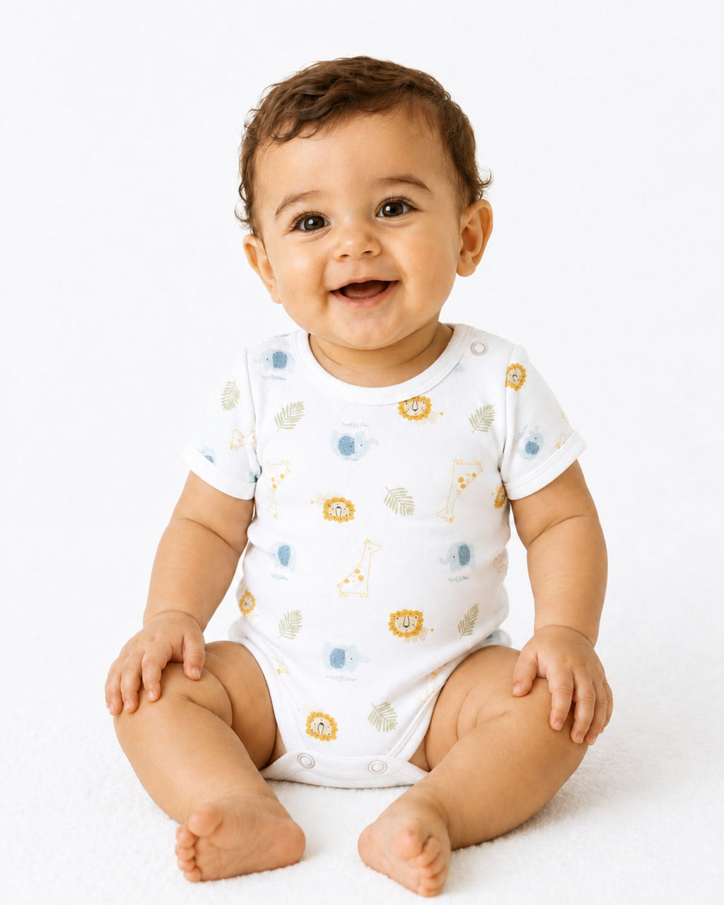 Smiling seated baby wearing white short-sleeve safari animal print bodysuit on white