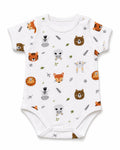 White short-sleeve baby bodysuit with colourful animal faces print, front view on white