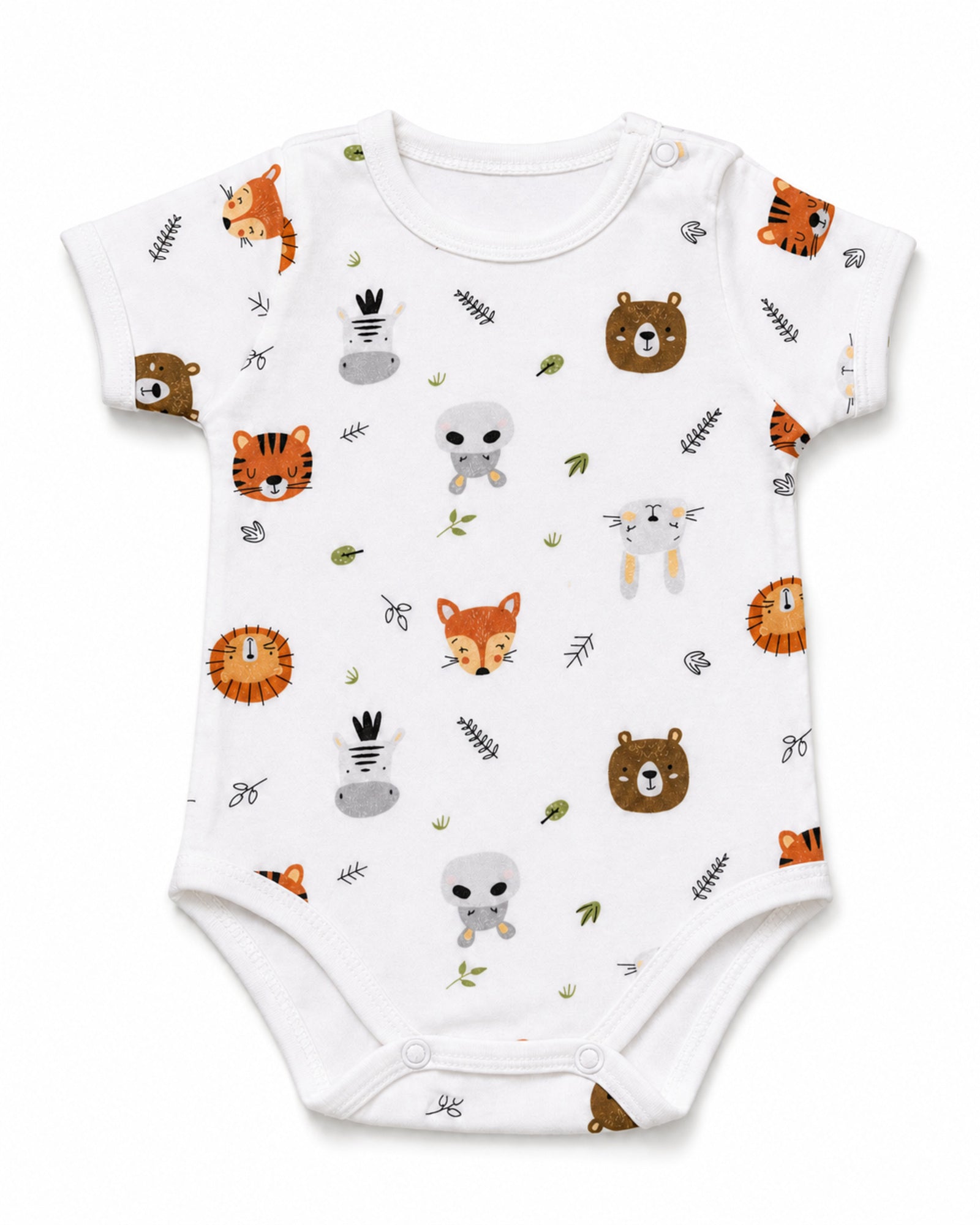 White short-sleeve baby bodysuit with colourful animal faces print, front view on white