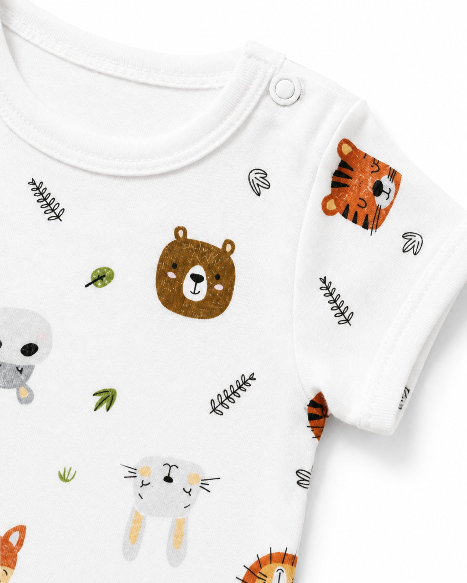 White colourful animal print baby bodysuit neckline, shoulder snap and stitching detail on white