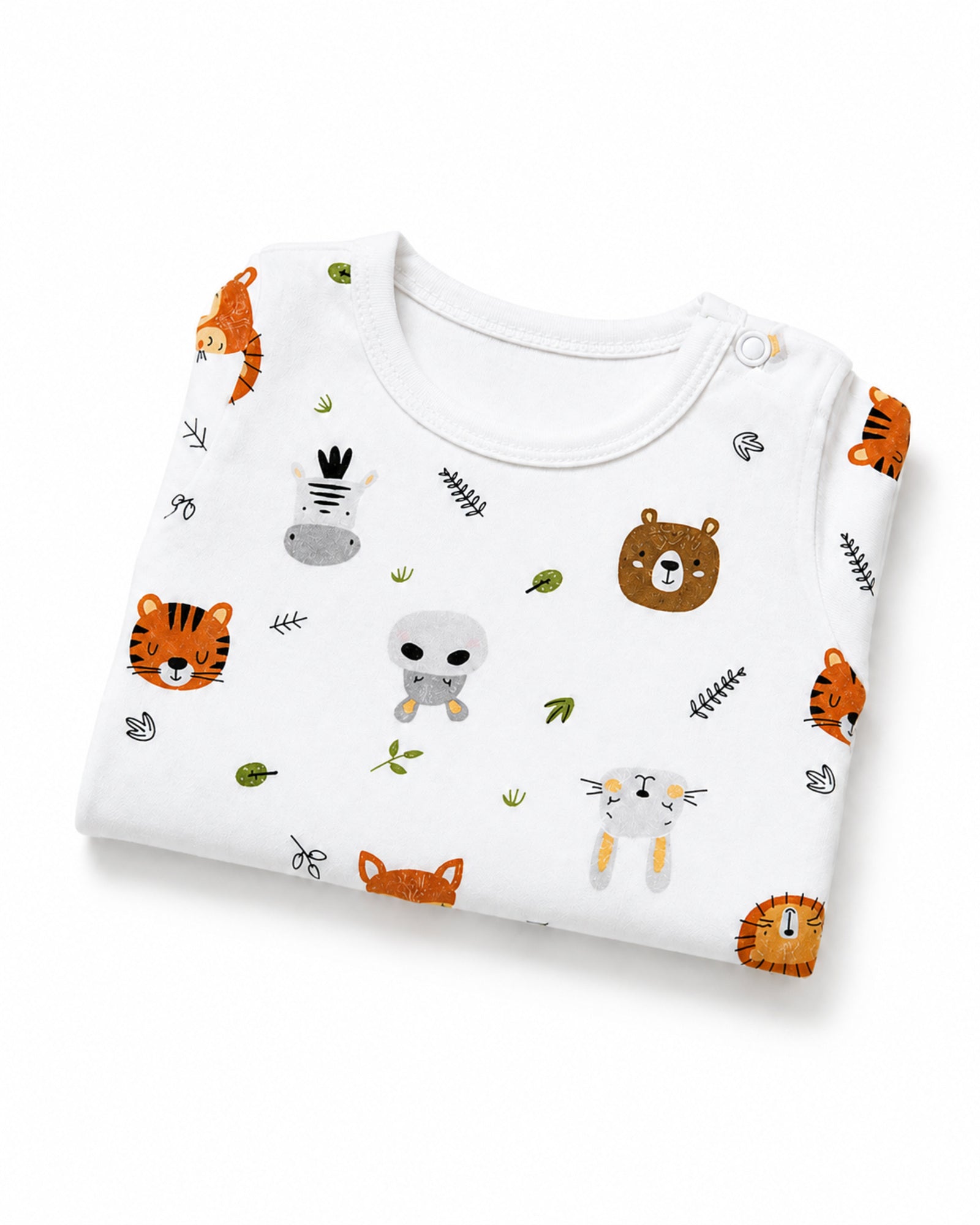 Folded white short-sleeve colourful animal print baby bodysuit on white