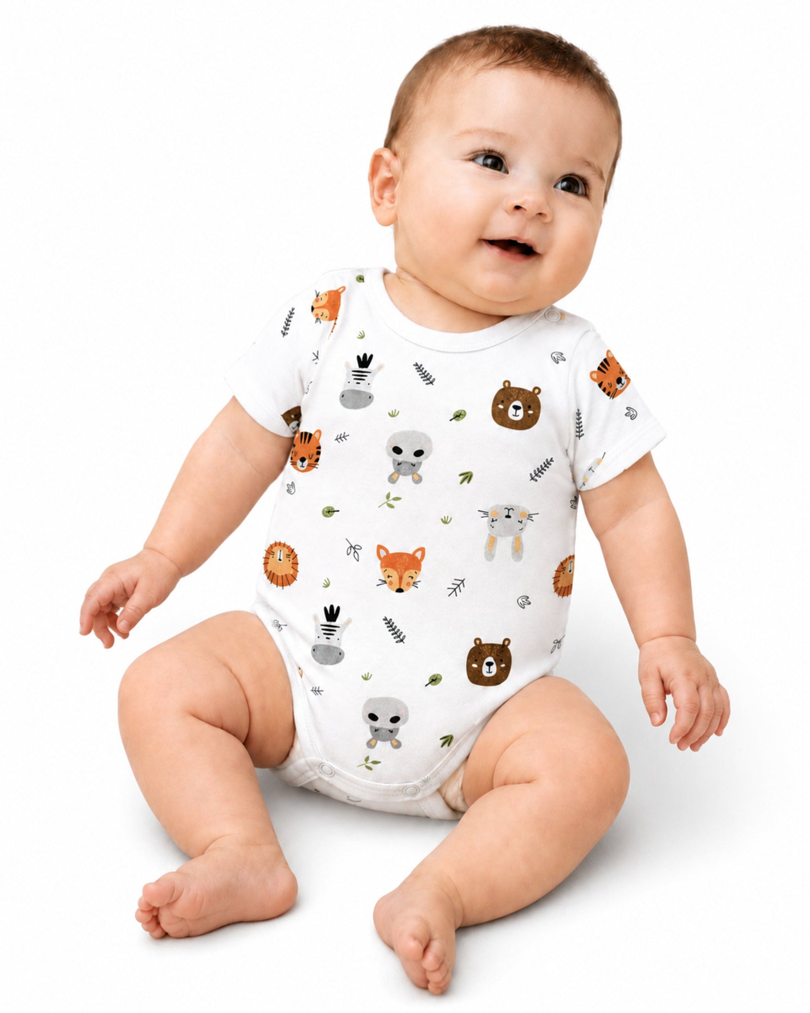 Smiling baby wearing white short-sleeve colourful animal print bodysuit on white
