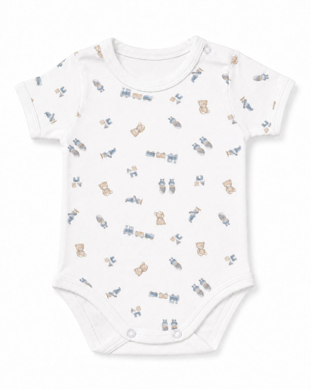 White short-sleeve baby bodysuit with teddy bear, train and toys print, front view on white