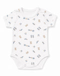 White short-sleeve baby bodysuit with teddy bear, train and toys print, front view on white