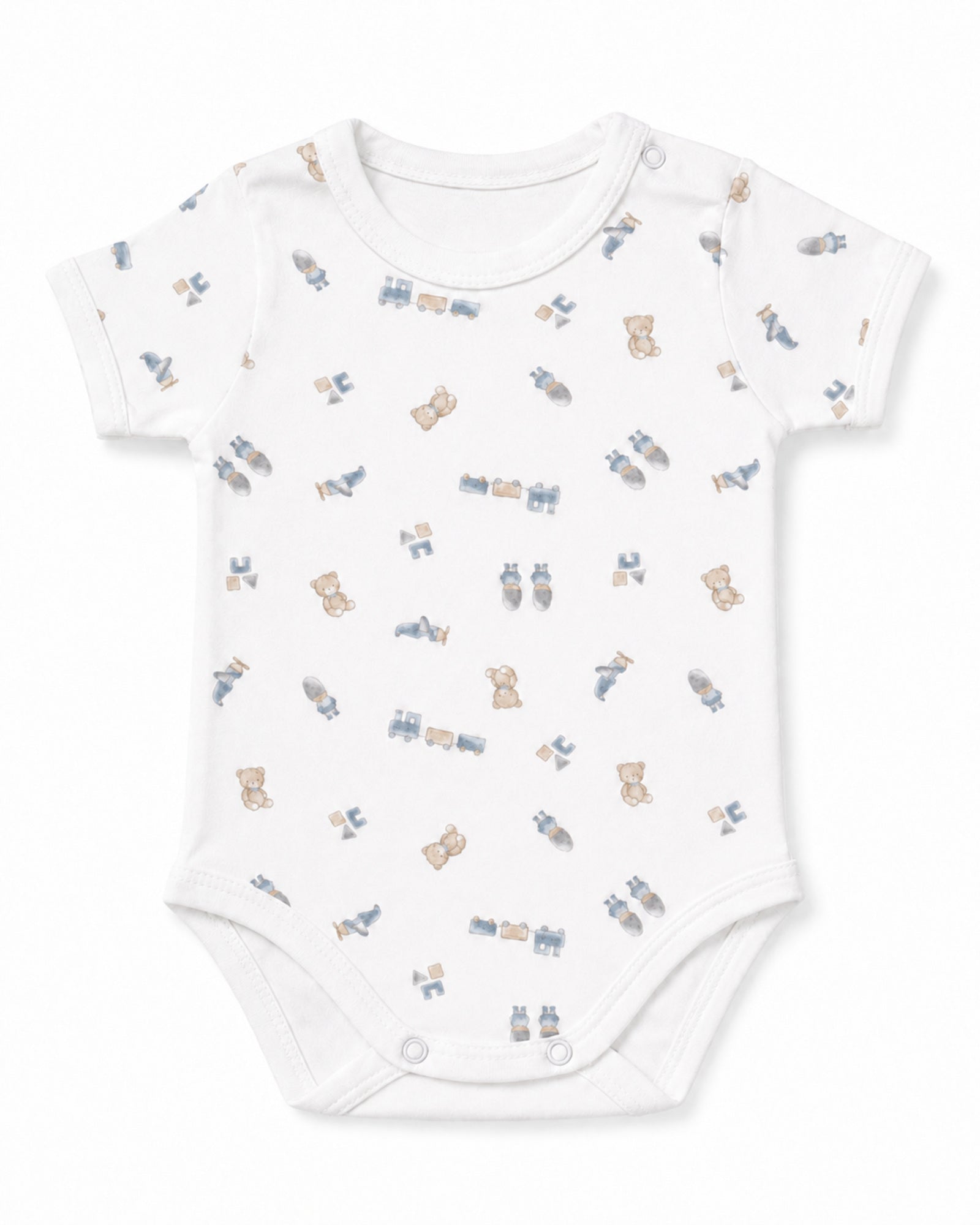 White short-sleeve baby bodysuit with teddy bear, train and toys print, front view on white