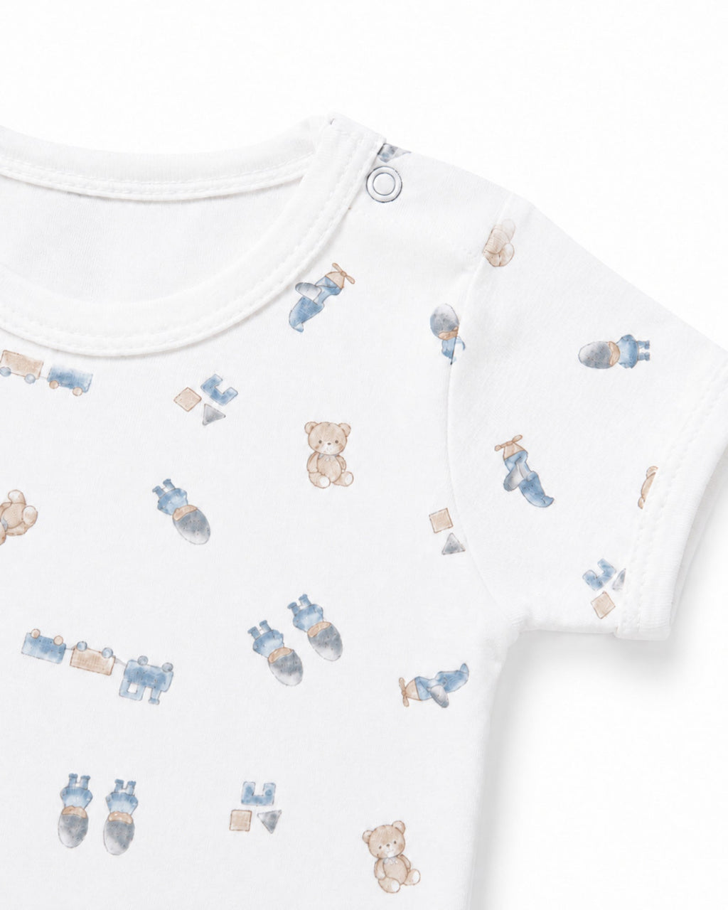 White teddy bear and toys print baby bodysuit neckline, shoulder snap and stitching detail on white