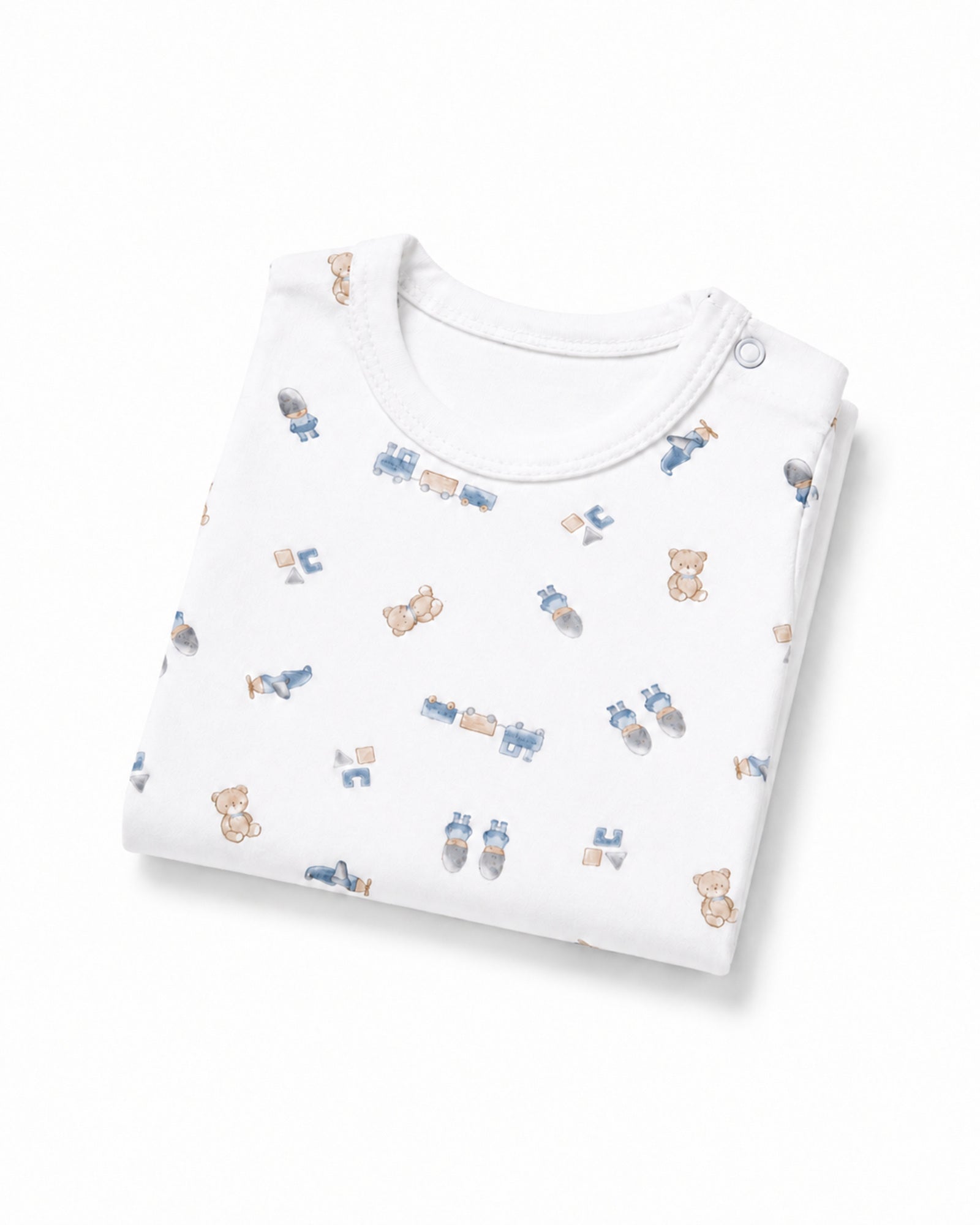Folded white short-sleeve teddy bear, train and toys print baby bodysuit on white
