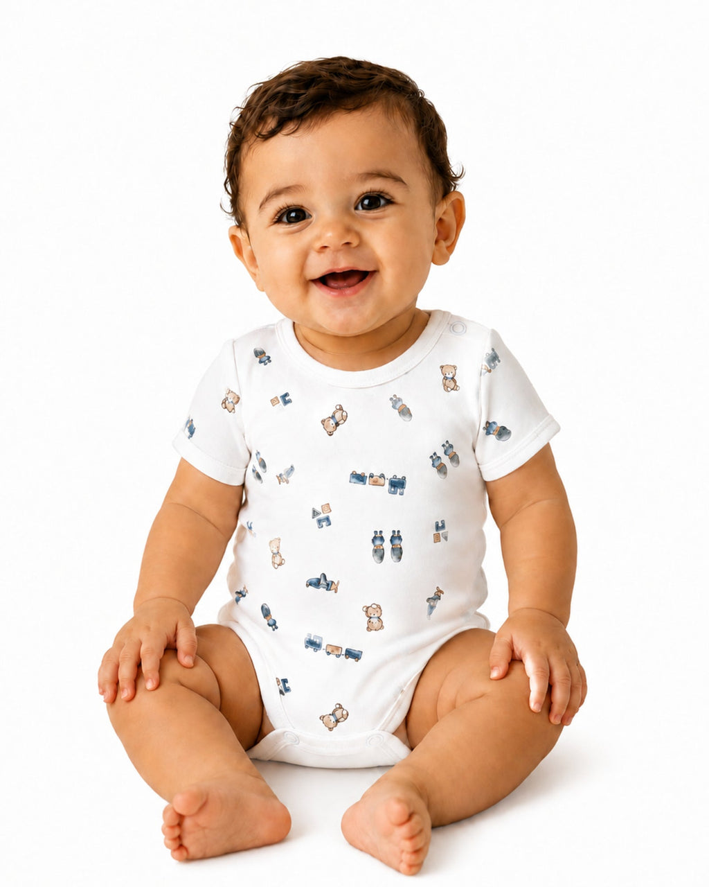 Smiling baby wearing white short-sleeve teddy bear, train and toys print bodysuit on white