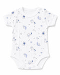 White short-sleeve baby bodysuit with blue celestial bear print, front view on white