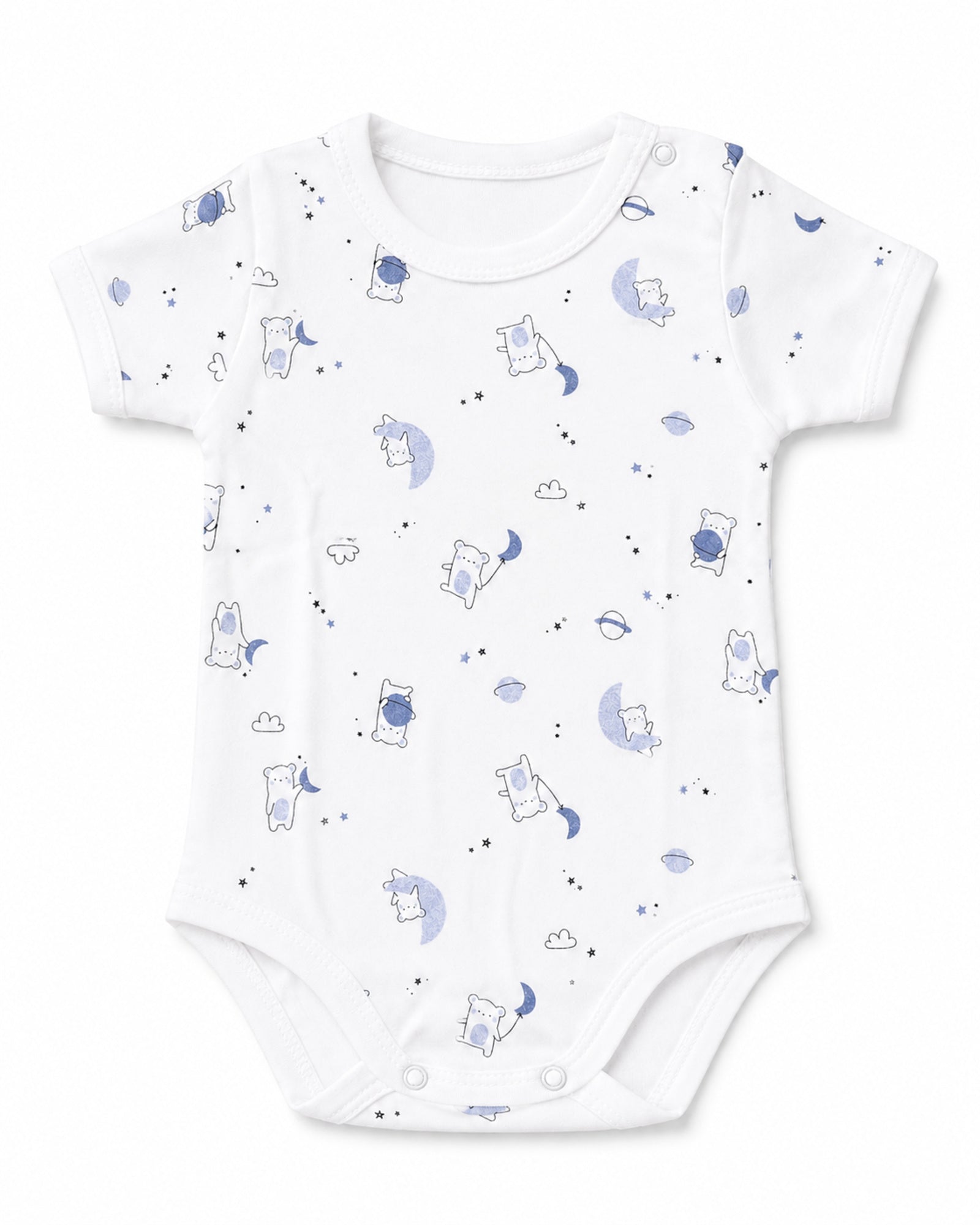 White short-sleeve baby bodysuit with blue celestial bear print, front view on white