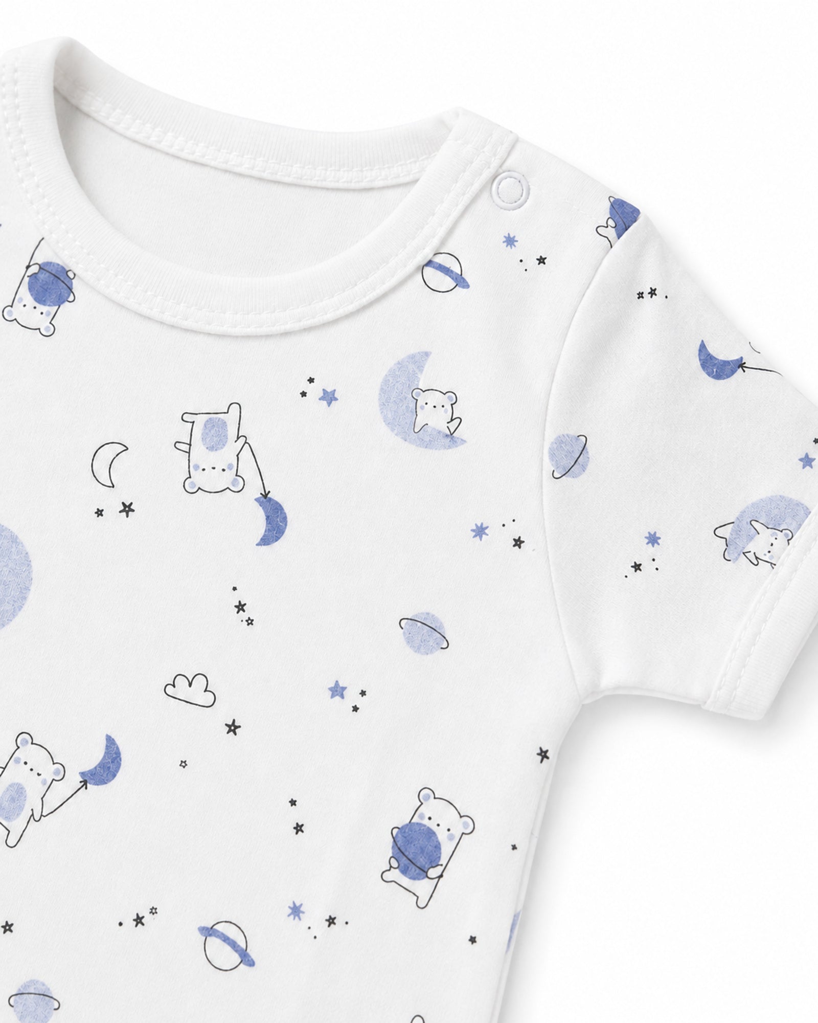 White celestial bear print baby bodysuit neckline, shoulder snap and stitching detail on white