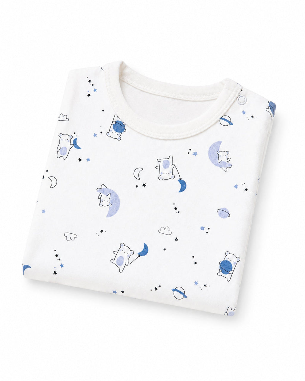 Folded white short-sleeve celestial bear print baby bodysuit on white