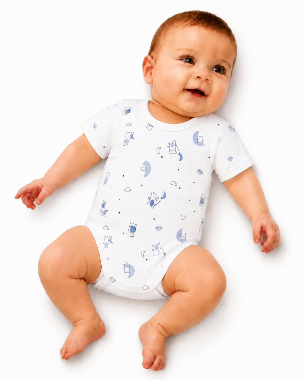 Smiling baby wearing white short-sleeve celestial bear print bodysuit on white