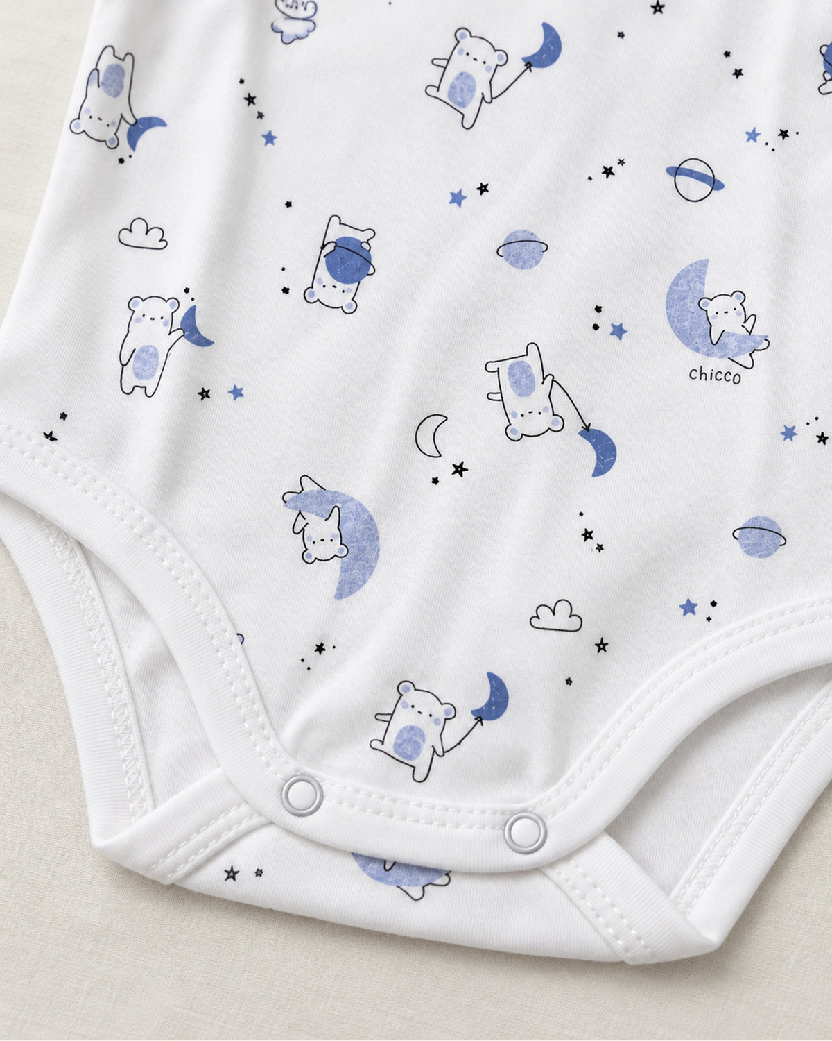 White blue celestial bear bodysuit leg binding and two bottom press snap detail