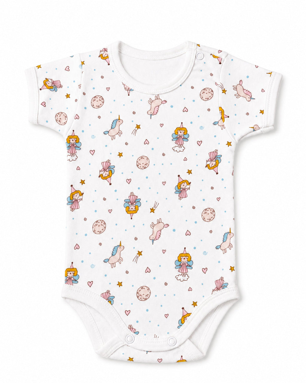 White short-sleeve baby bodysuit with fairies and unicorns print, front view on white