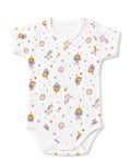 White short-sleeve baby bodysuit with fairies and unicorns print, front view on white