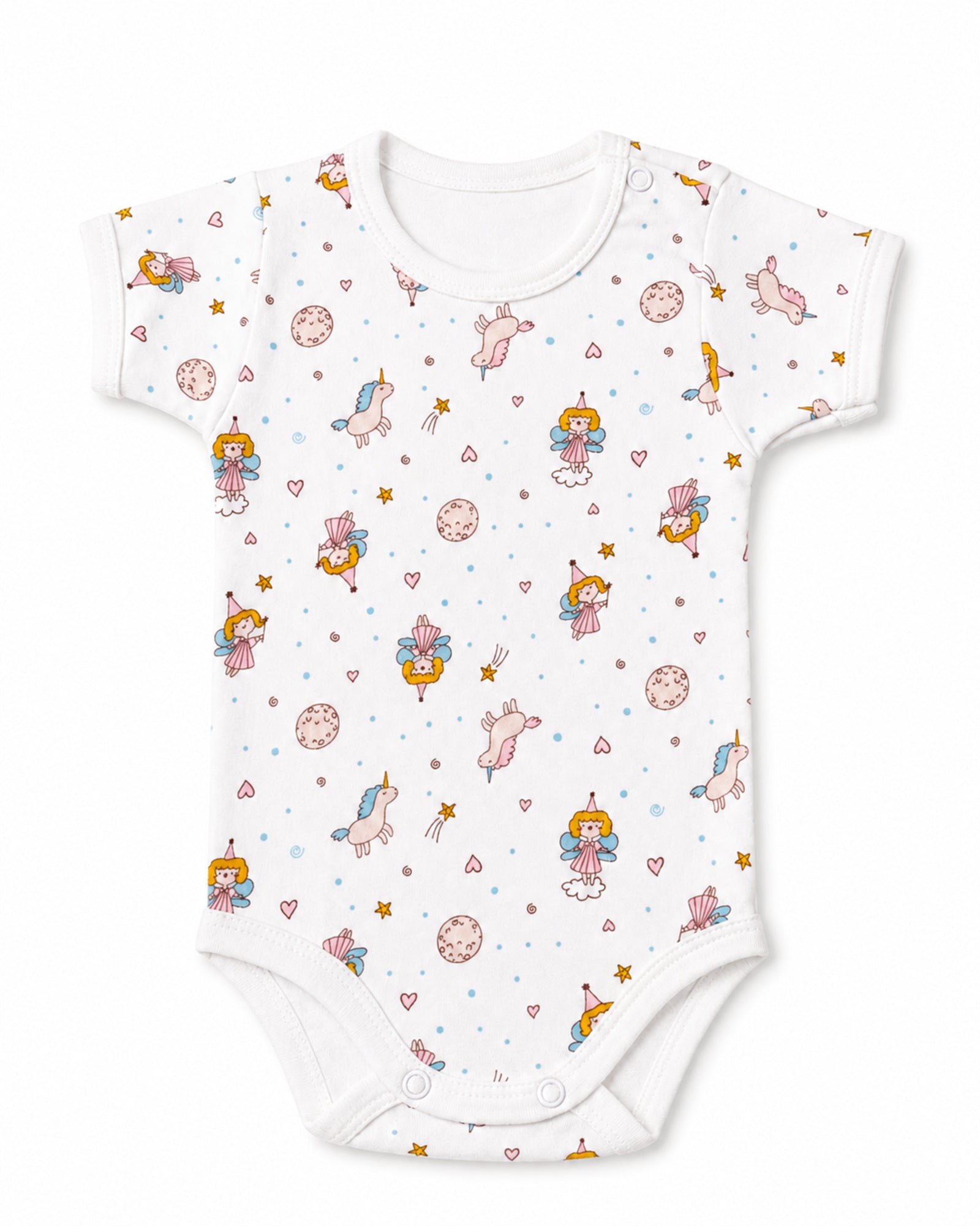 White short-sleeve baby bodysuit with fairies and unicorns print, front view on white