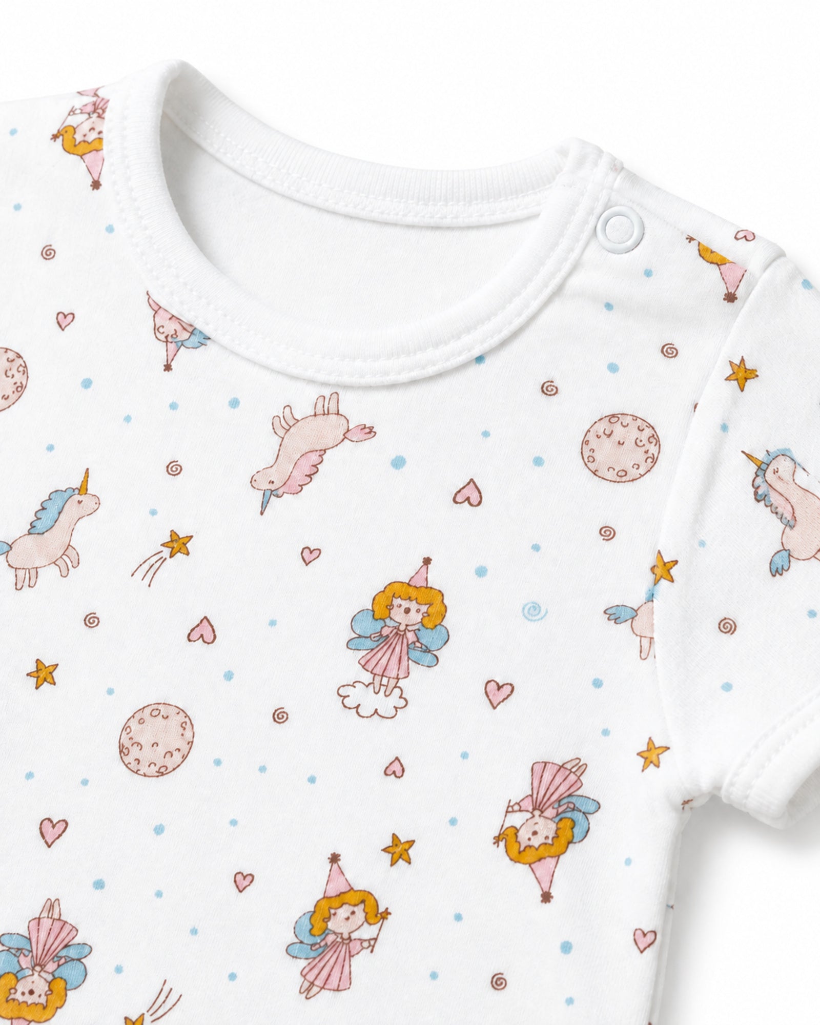 White fairies and unicorns print baby bodysuit neckline, shoulder snap and stitching detail on white