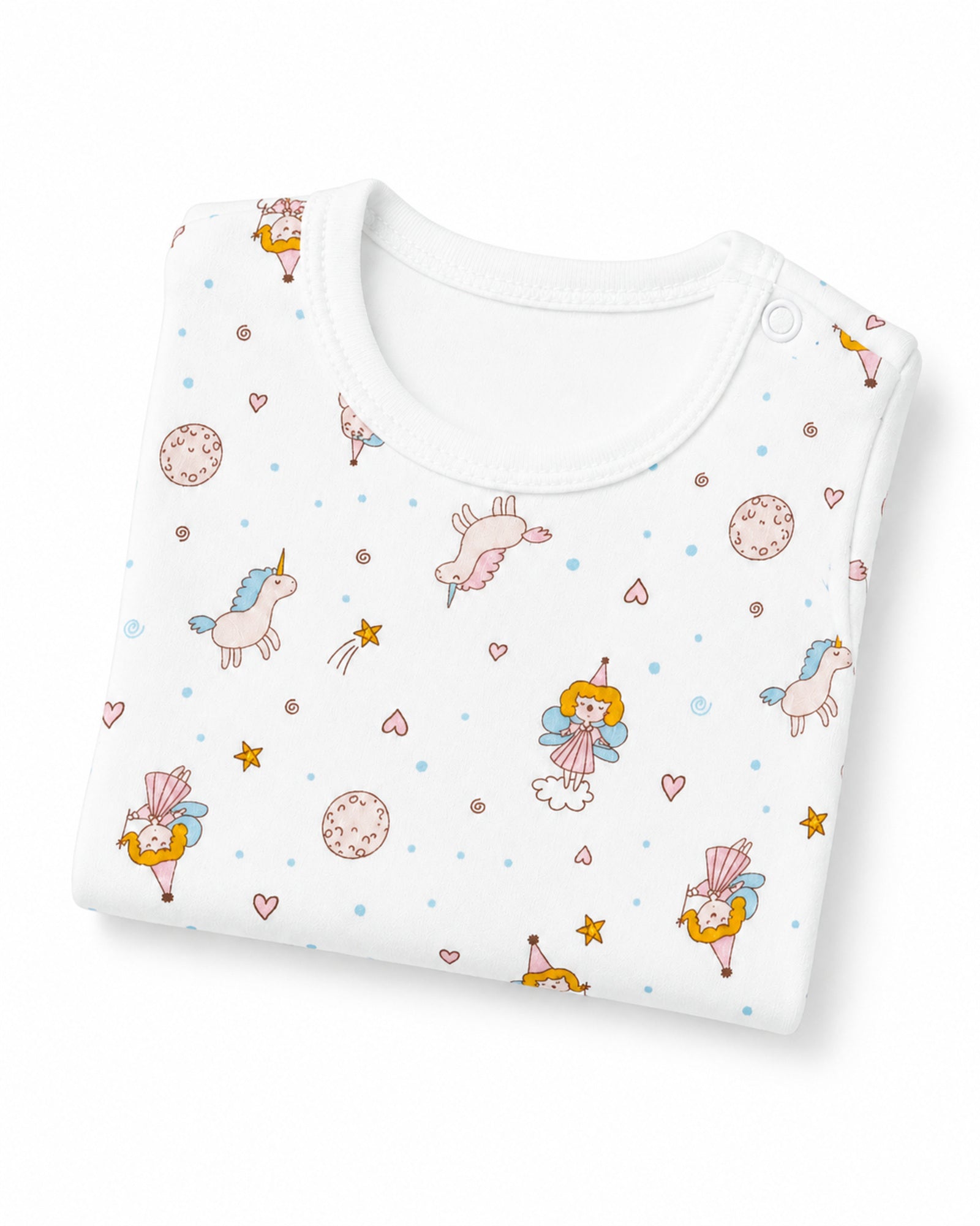 Folded white short-sleeve fairies and unicorns print baby bodysuit on white