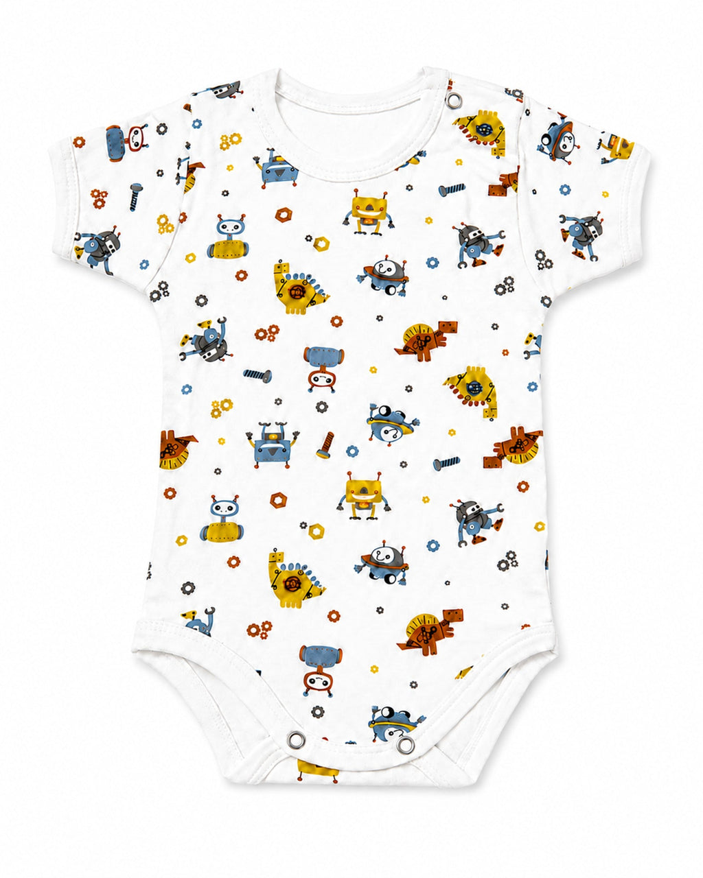 White short-sleeve baby bodysuit with robots and mechanical characters print, front view on white