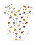 White short-sleeve baby bodysuit with robots and mechanical characters print, front view on white