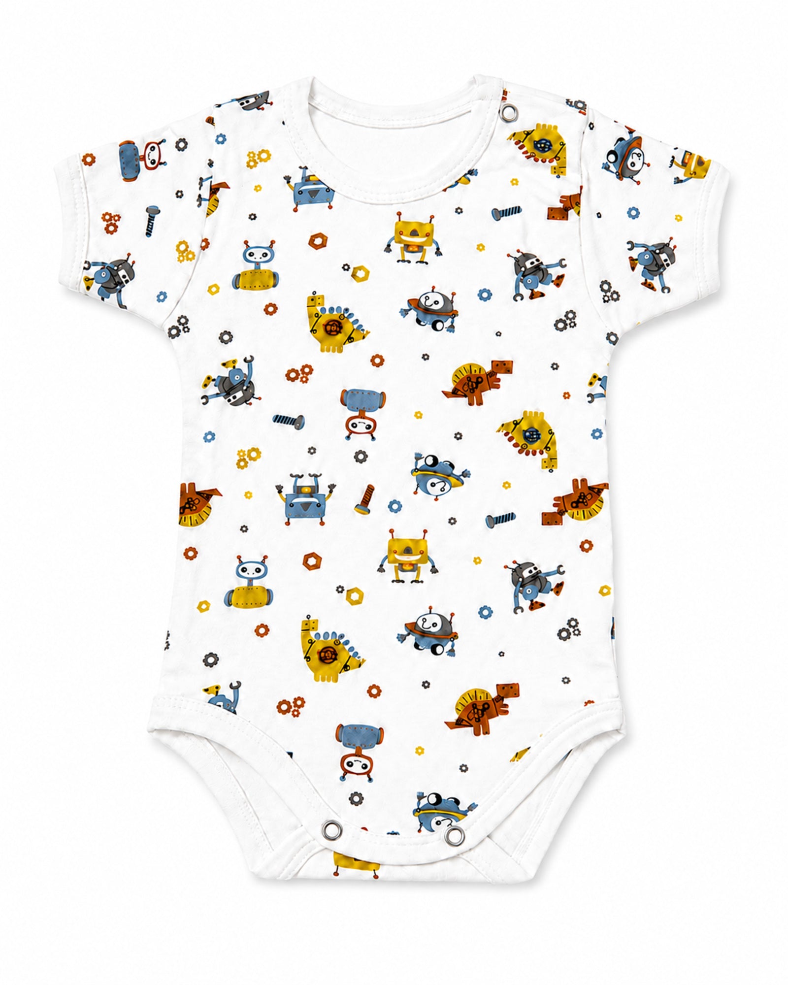 White short-sleeve baby bodysuit with robots and mechanical characters print, front view on white