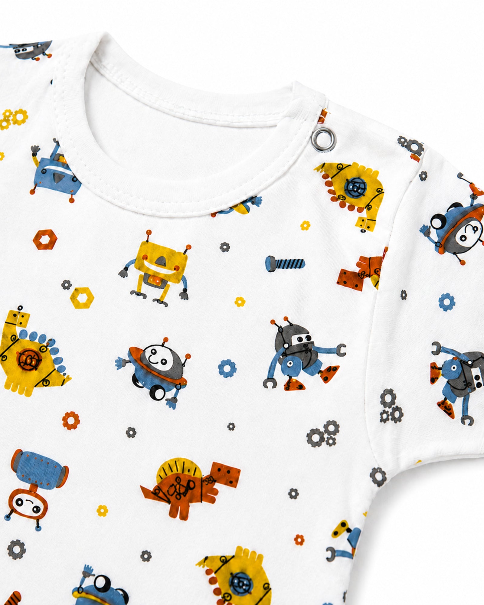 White robot print baby bodysuit neckline, shoulder snap and stitching detail on white