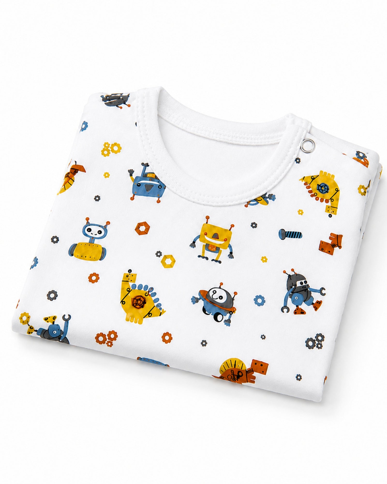 Folded white short-sleeve robot and mechanical characters print baby bodysuit on white