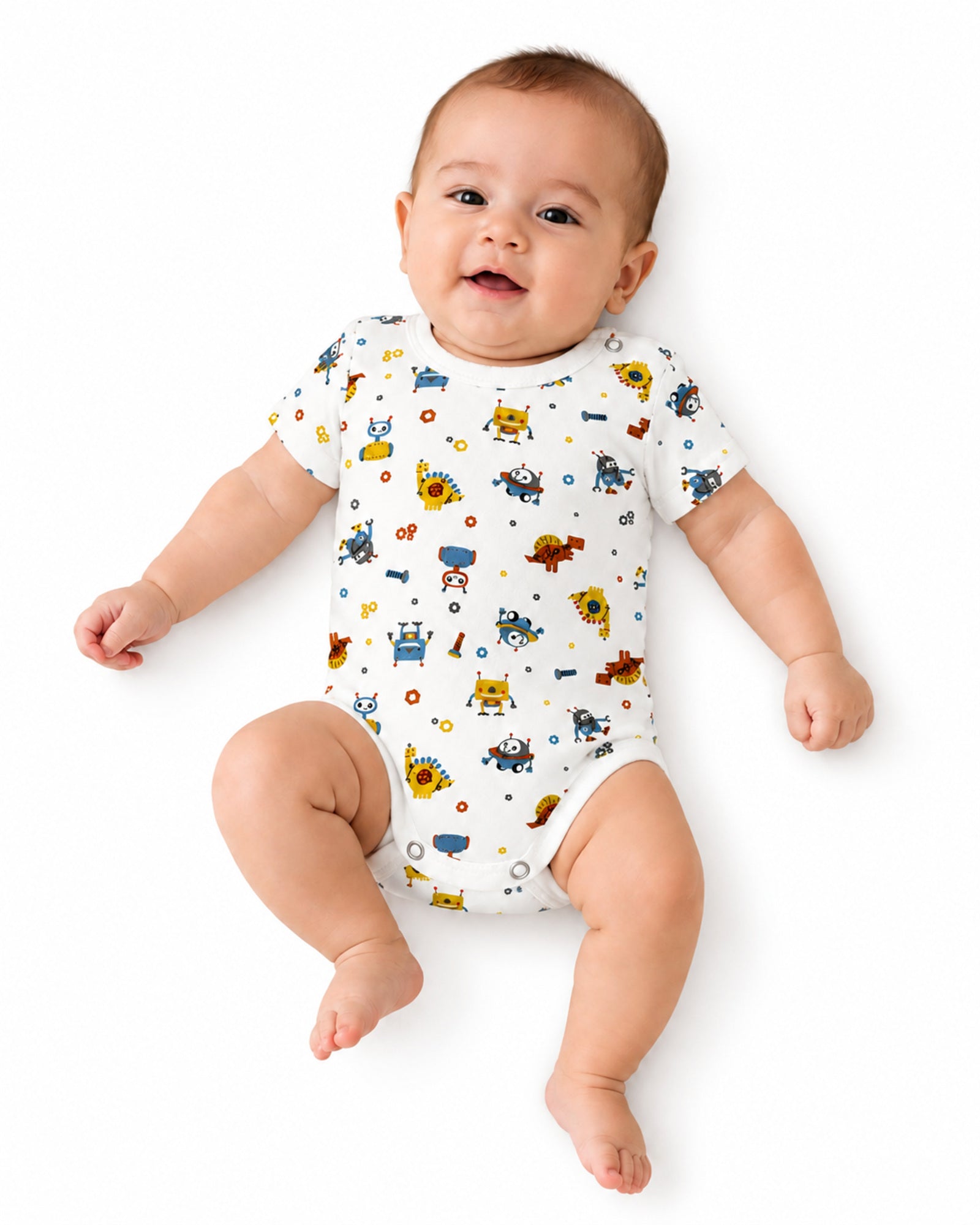 Smiling baby wearing white short-sleeve robot print bodysuit on white