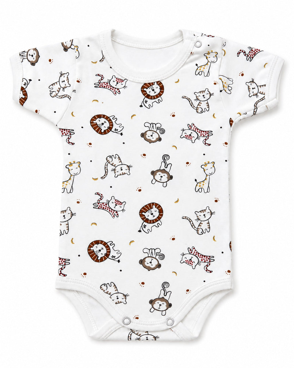 White short-sleeve baby bodysuit with cats and lions print on pure white background – front view