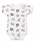 White short-sleeve baby bodysuit with cats and lions print on pure white background – front view