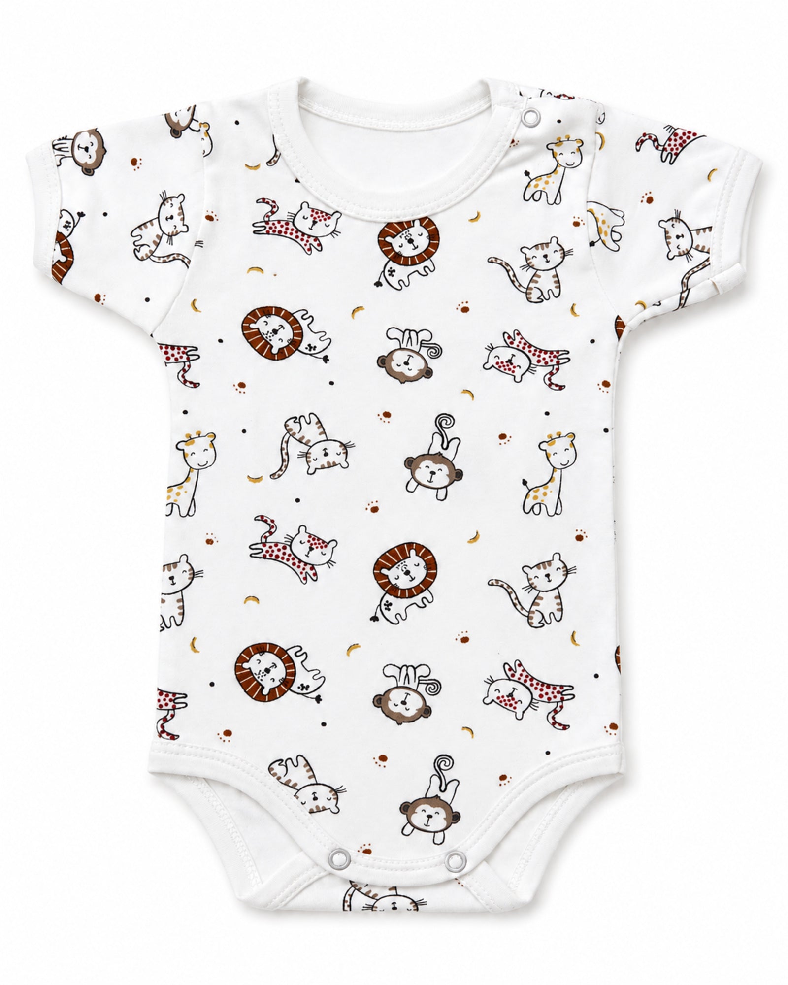 White short-sleeve baby bodysuit with cats and lions print on pure white background – front view