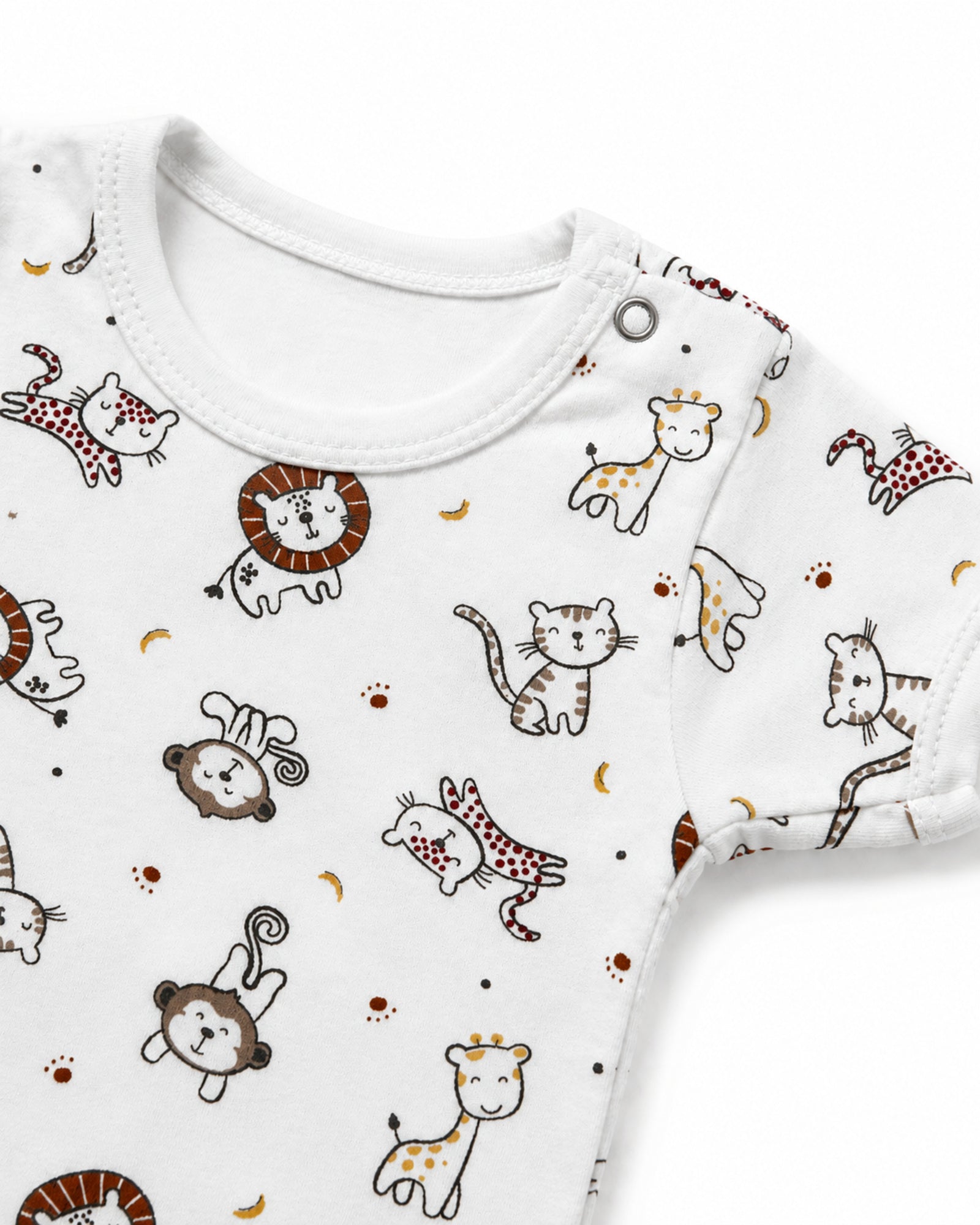 White baby bodysuit neckline, shoulder snap and animal print detail on pure white background