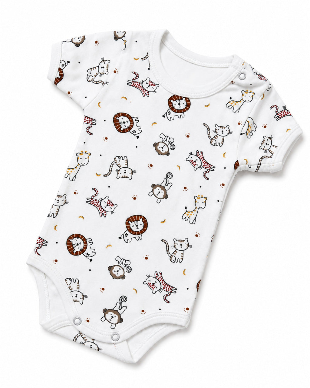 White short-sleeve baby bodysuit with animal print in angled composition on pure white background
