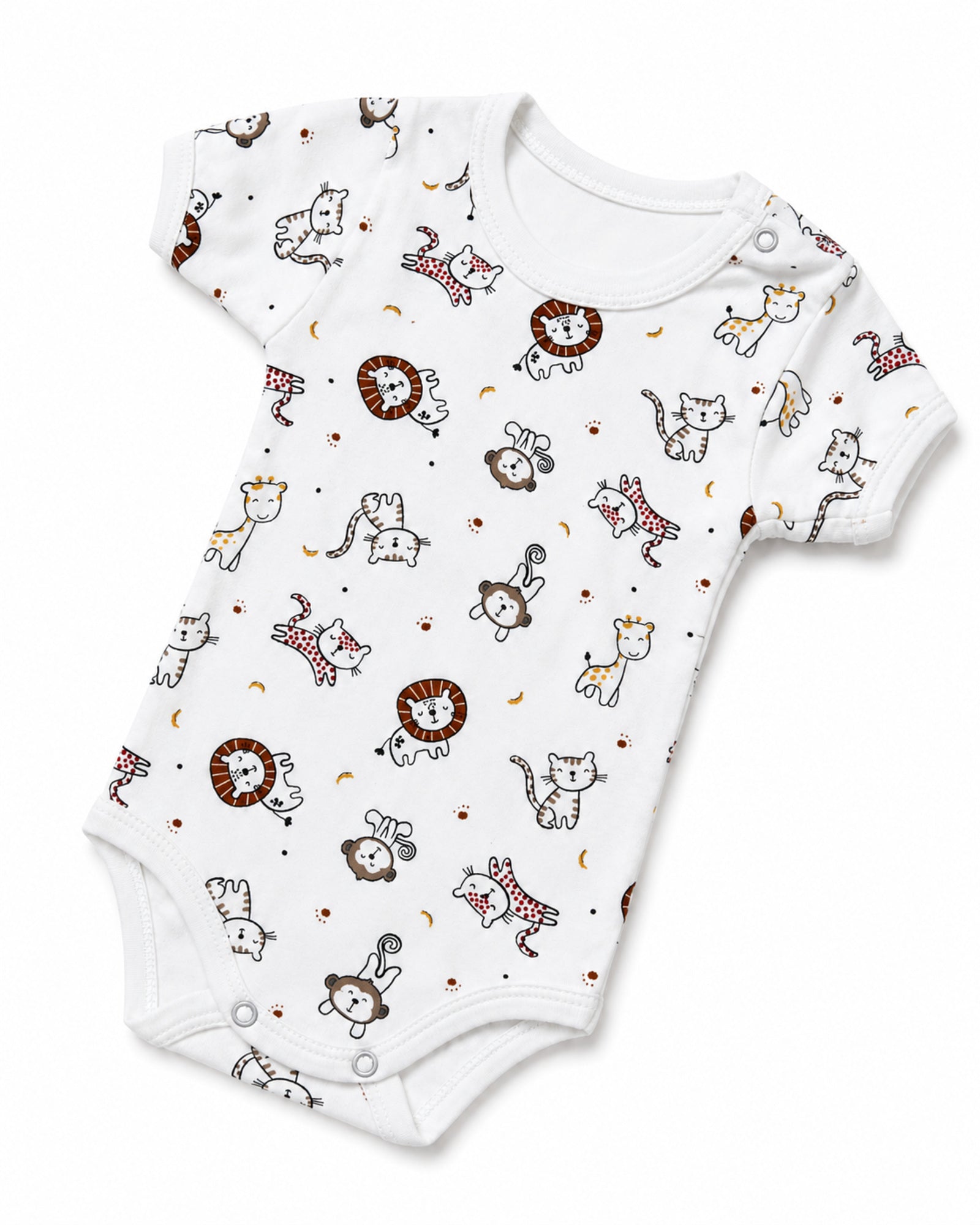 White short-sleeve baby bodysuit with animal print in angled composition on pure white background