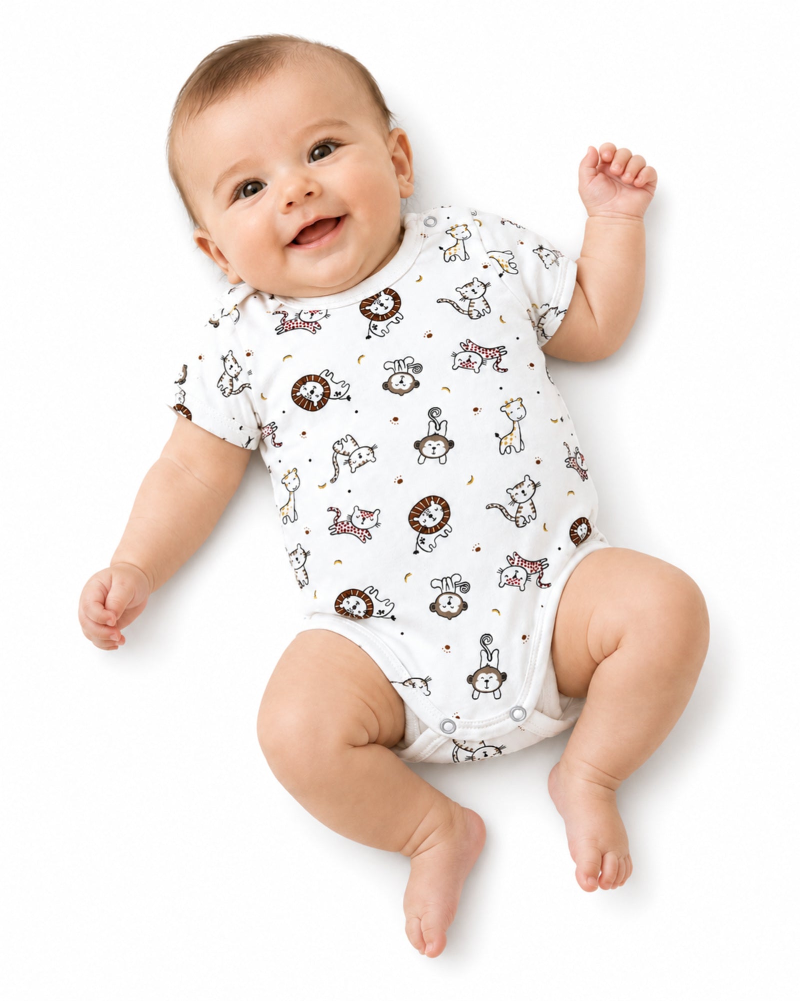 Baby wearing white short-sleeve bodysuit with cats and lions print on pure white background
