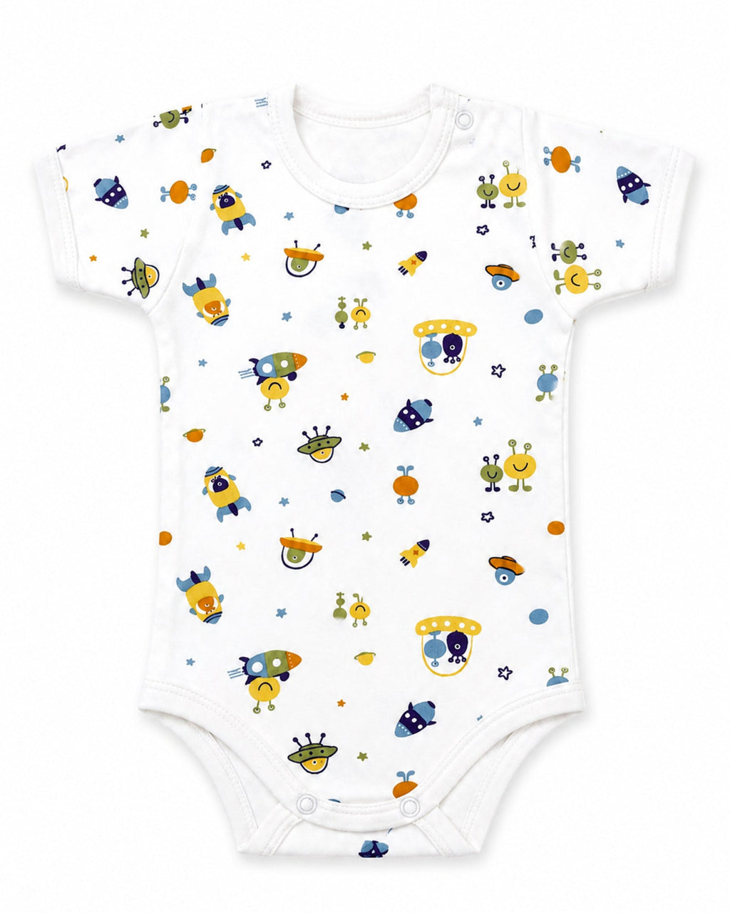 White short-sleeve baby bodysuit with rockets and space creatures print, front view on white