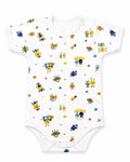 White short-sleeve baby bodysuit with rockets and space creatures print, front view on white