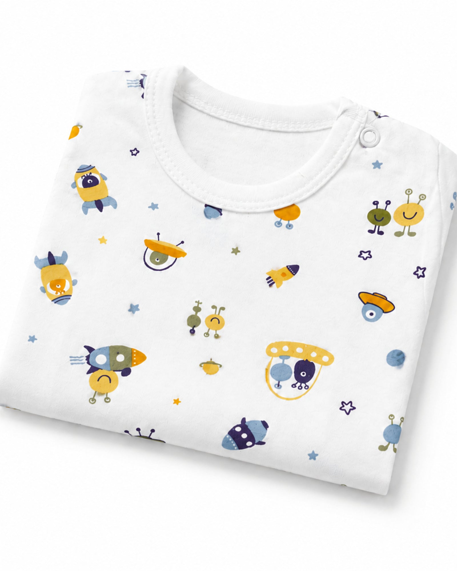 Folded white short-sleeve rockets and space creatures print baby bodysuit on white