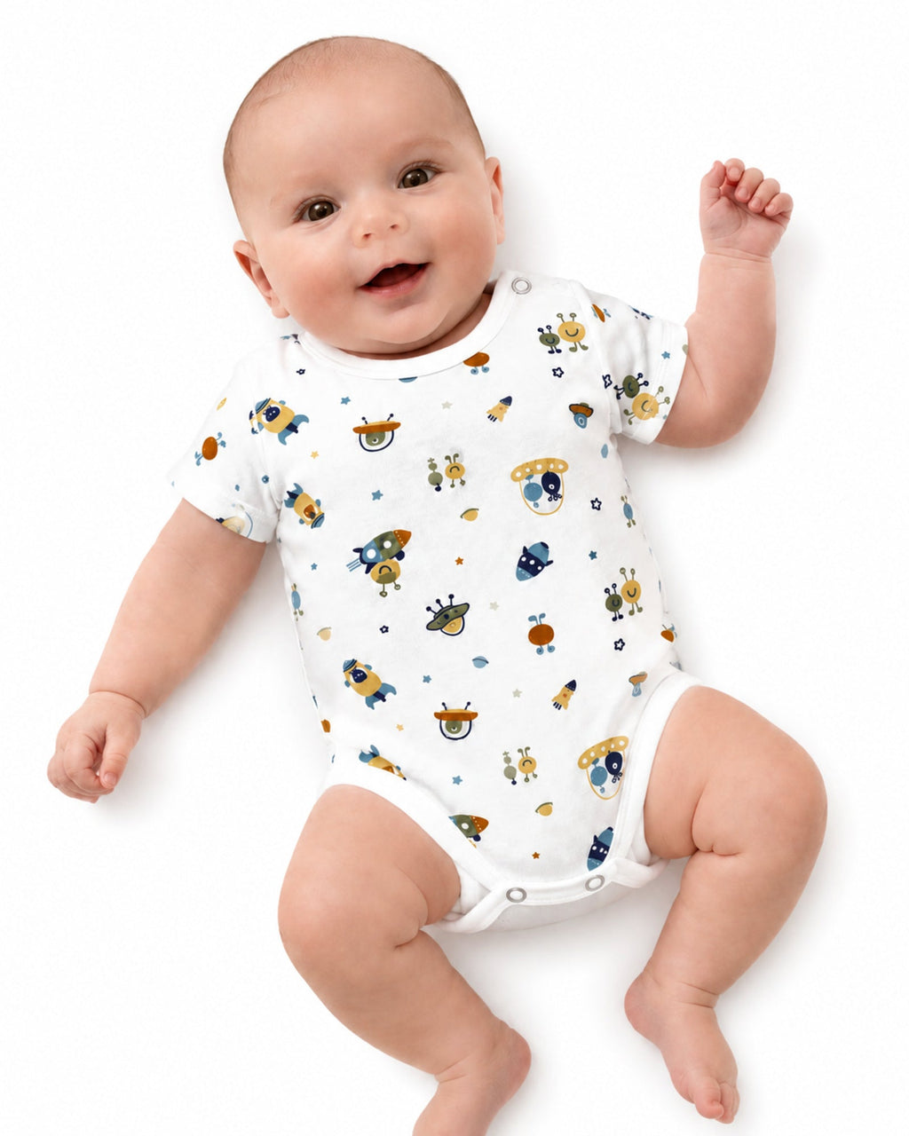 Smiling baby wearing white short-sleeve rockets and space creatures print bodysuit on white