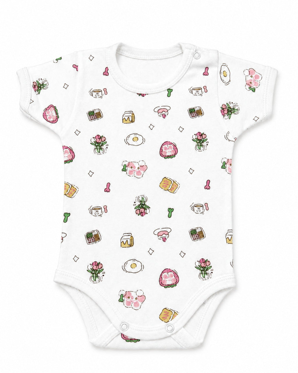White short-sleeve baby bodysuit with breakfast and flowers print, front view on white