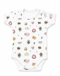 White short-sleeve baby bodysuit with breakfast and flowers print, front view on white