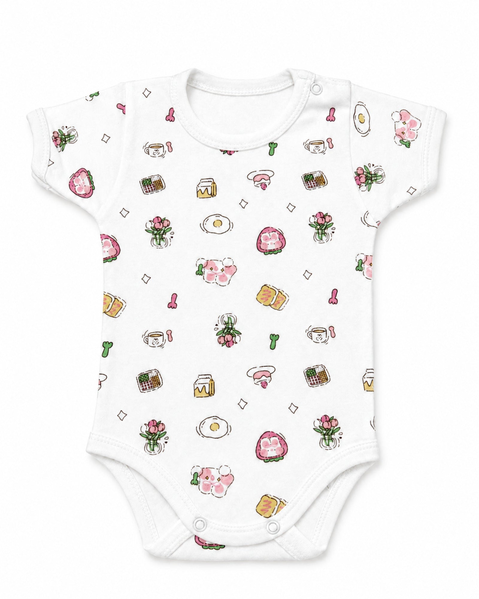 White short-sleeve baby bodysuit with breakfast and flowers print, front view on white