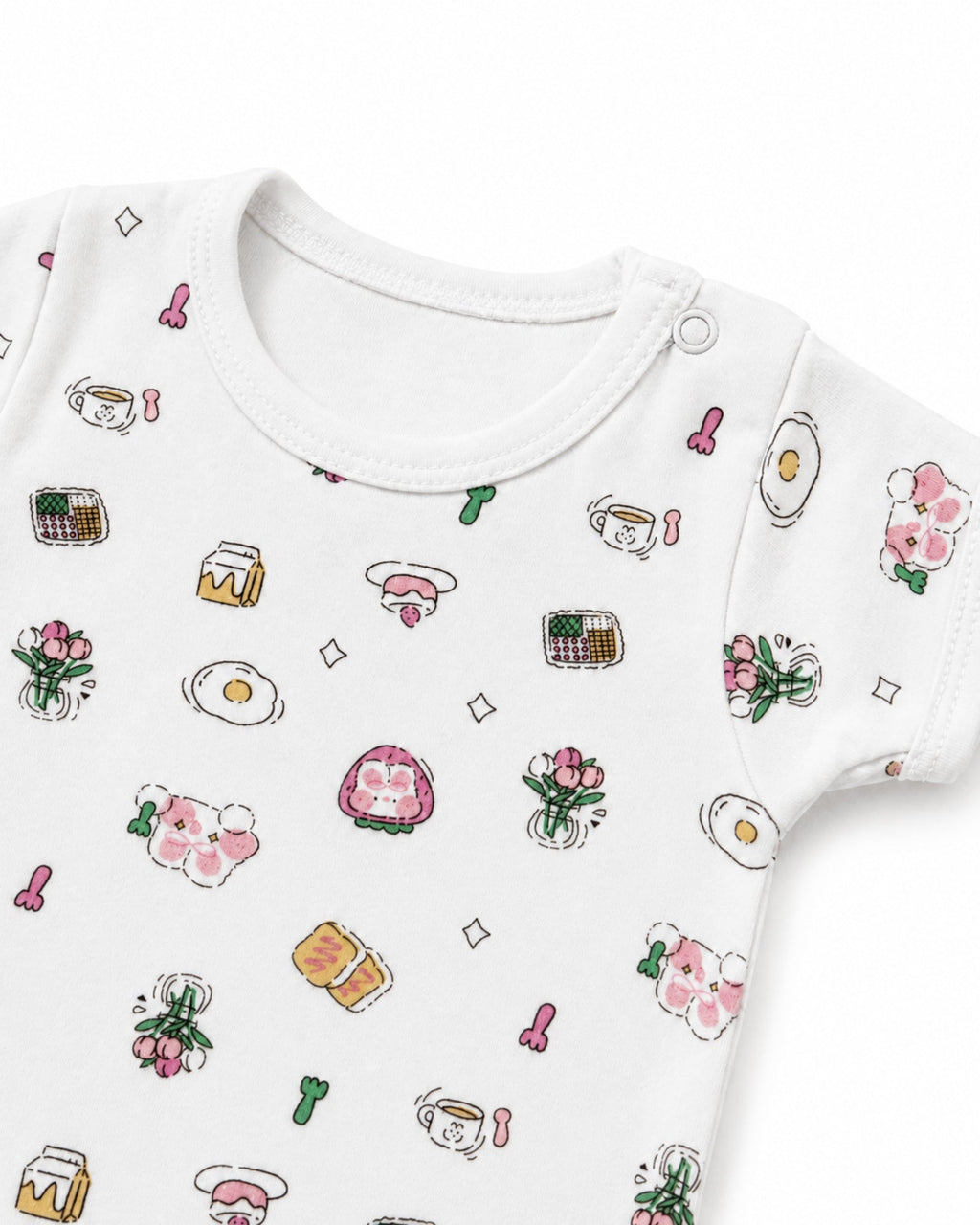 White breakfast and flowers print baby bodysuit neckline, shoulder snap and stitching detail on white
