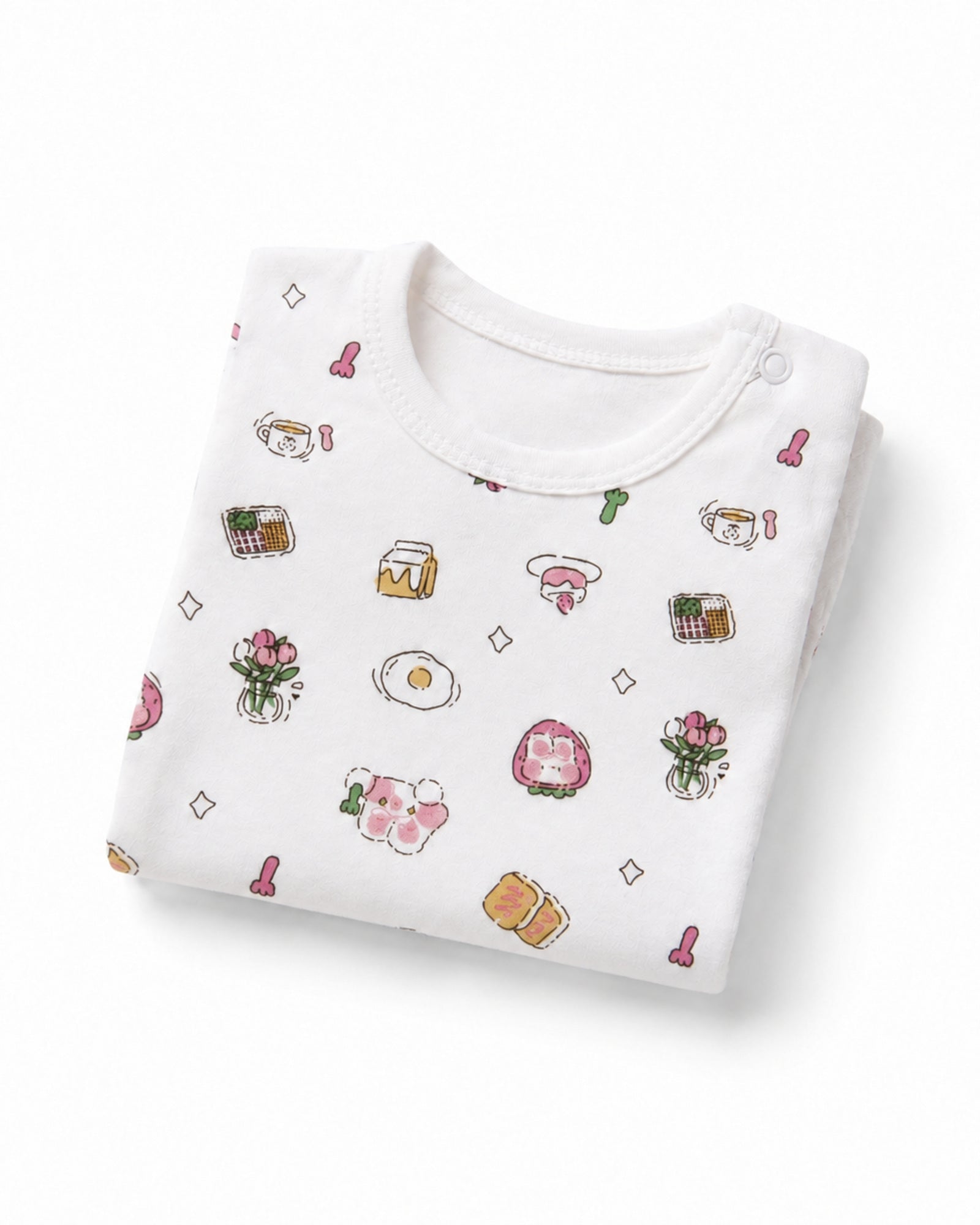 Folded white short-sleeve breakfast and flowers print baby bodysuit on white