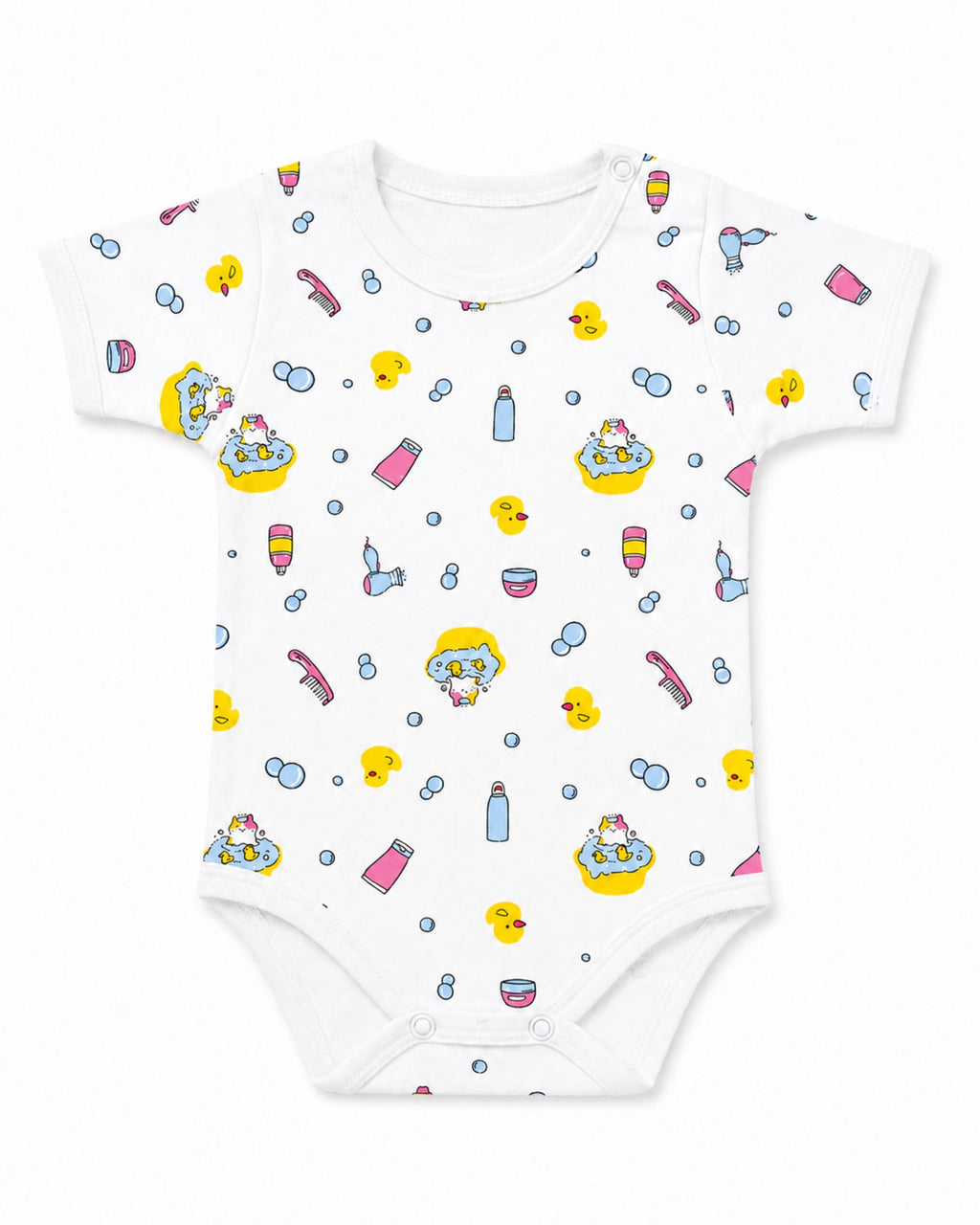 White short-sleeve baby bodysuit with ducks and bath-time print, front view on white