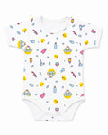 White short-sleeve baby bodysuit with ducks and bath-time print, front view on white