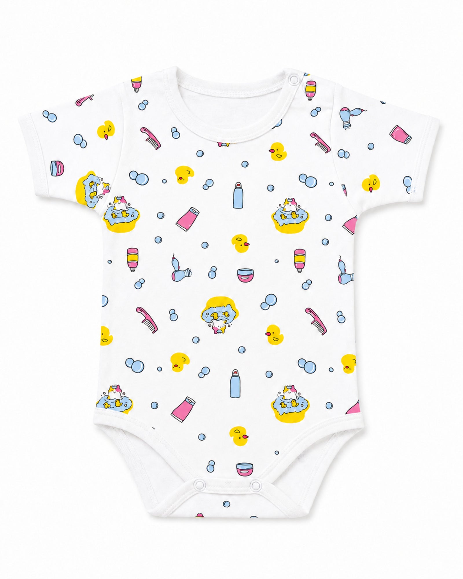 White short-sleeve baby bodysuit with ducks and bath-time print, front view on white