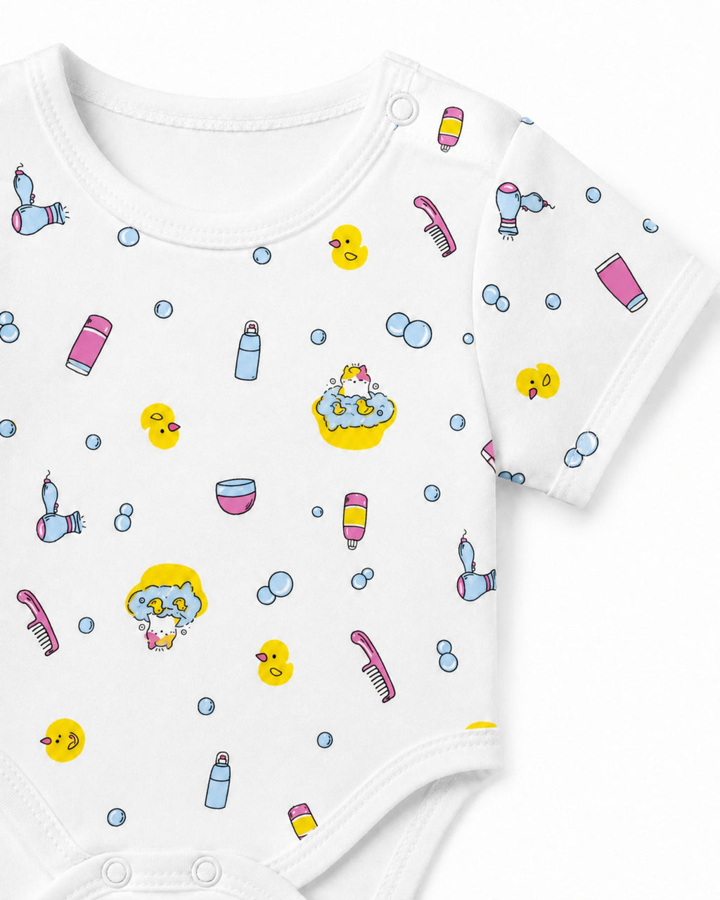 White ducks and bath-time print baby bodysuit neckline, shoulder snap and stitching detail on white