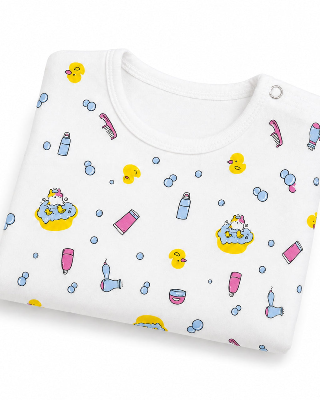 Folded white short-sleeve ducks and bath-time print baby bodysuit on white